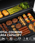 CC1830SC Charcoal Offset Grill Smoker With Cover showing 823 square inches of cooking space with assorted grilled food