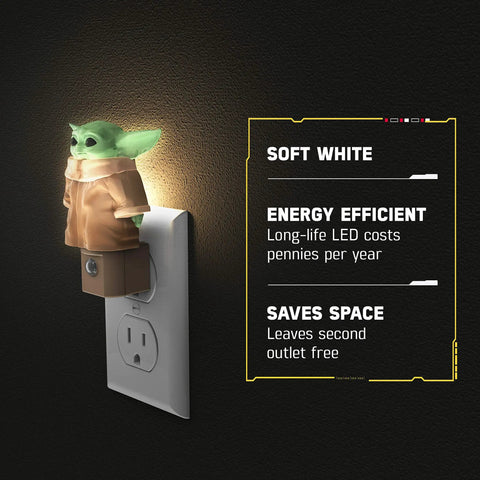 Baby Yoda Night Light Plug In With Dusk To Dawn Sensor on outlet next to energy saving text