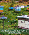 Beehives surrounded by Vivid Flower Bee Watering Station With Metal Butterfly Water Feeder Cup and 30 glass marbles in a garden