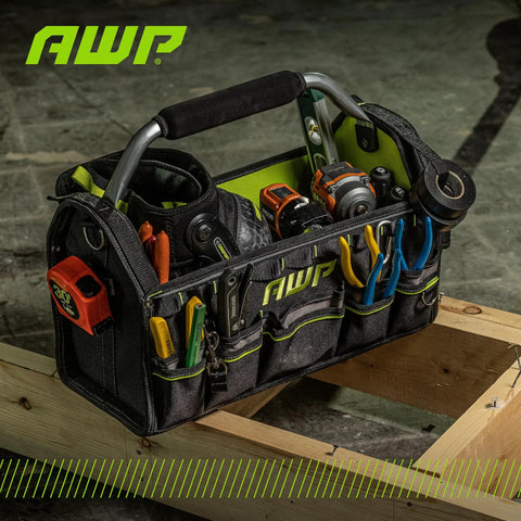 18 Inch Tool Tote Bag With Rotating Handle And Shoulder Strap Pro Grade Durable Water Resistant 600D Polyester Jobsite Organizer For Contractors And Technicians Multi Pocket Storage For Quick Access Tools filled with tools on a worksite.