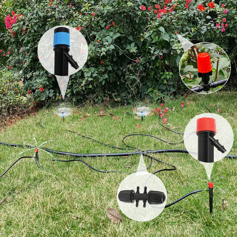 All In One 240 Ft Drip Irrigation Kit with main and distribution tubing installed on a grassy lawn, close-up of emitters.
