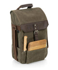 Straight Up Insulated Wine Bag With Matching Cheese Board And Sharp Corkscrew Opener Waxed Canvas Cooler Tote For Two Bottles Pocketed Grab And Go Hauler For Weekend Kickbacks In Khaki Green showing a khaki wine tote with cheese board.