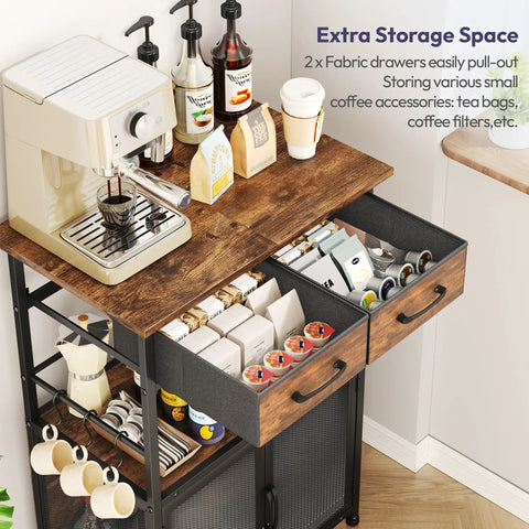 Top view of Go To Coffee Bar Cabinet With Drawers And Hooks, 20.47 Inch Wide Kitchen Storage Station with coffee maker setup