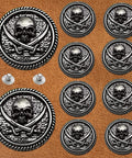 Badass 30Mm Skull Screw Back Buttons For Leather Crafting Premium Coin Style Alloy Snap Fasteners With Corrosion Resistant Finish on leather.