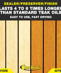 Before and after comparison of wood finish, showcasing rich shine from Hella Smooth Golden Teak Oil And Wood Finish For Outside Furniture And Boat Decks With Uv Guard Tung Blend And Quick Dry Action For A Zero Fuss Rich Shine In 16 Oz Package.