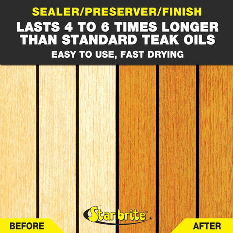 Before and after comparison of wood finish, showcasing rich shine from Hella Smooth Golden Teak Oil And Wood Finish For Outside Furniture And Boat Decks With Uv Guard Tung Blend And Quick Dry Action For A Zero Fuss Rich Shine In 16 Oz Package.