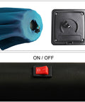 9 Foot Solar LED Patio Umbrella with tilt and crank, close-up of the cerulean canopy, LED connector, and on/off switch detail.