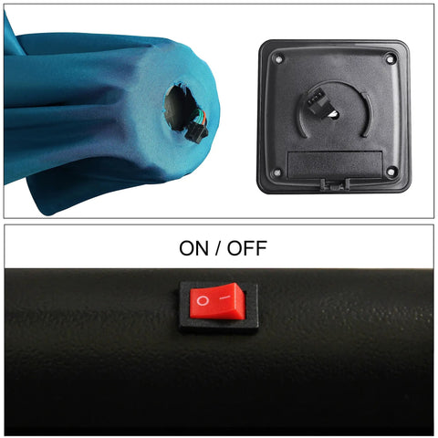 9 Foot Solar LED Patio Umbrella with tilt and crank, close-up of the cerulean canopy, LED connector, and on/off switch detail.