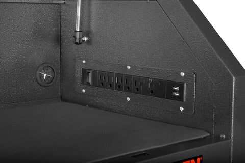 Close-up of onboard charging station on 42 Inch Premium Tool Chest With Heavy Duty 21 Gauge Powder Coated Steel Construction