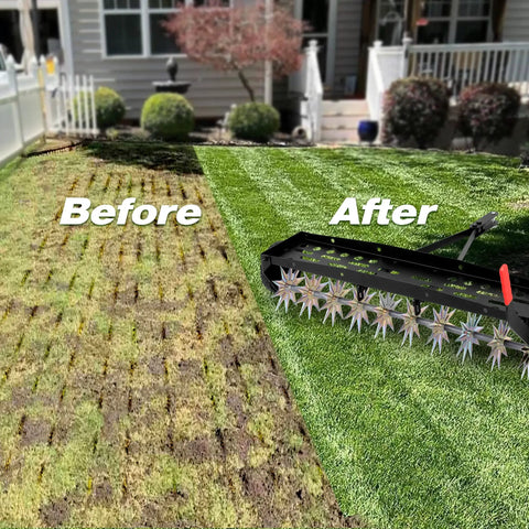 40-Inch Tow Behind Spike Aerator With Galvanized Steel Tines Heavy Duty Lawn Aerator in use, showing before and after results on lawn