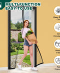 Woman walking hands-free through Adjustable Magnetic Screen Door For Wide Openings 36 To 40 Inch Width And 81 To 83 Inch Height, DIY Cut-To-Fit Heavy Duty Mesh With Ultra-Strong Magnets For Front And Back Doors, Black