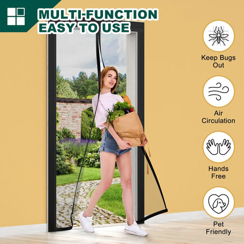 Woman walking hands-free through Adjustable Magnetic Screen Door For Wide Openings 36 To 40 Inch Width And 81 To 83 Inch Height, DIY Cut-To-Fit Heavy Duty Mesh With Ultra-Strong Magnets For Front And Back Doors, Black