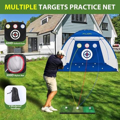 Heavy Duty Golf Practice Net 10 By 7 Foot With Tri Turf Mat All In One Backyard Driving And Chipping Swing Training Aid For Indoor Or Outdoor Use Blue Large Central Target And Two Side Pockets setup in backyard with man practicing swing
