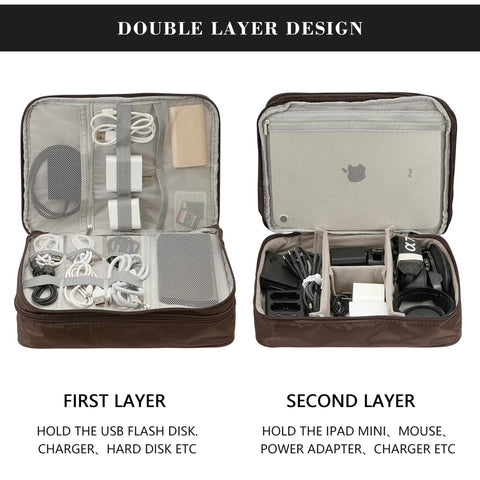 Waterproof Double Layer Electronics Organizer Bag For Cords, Chargers, Power Banks, Hard Drives And Mice, Classic Brown