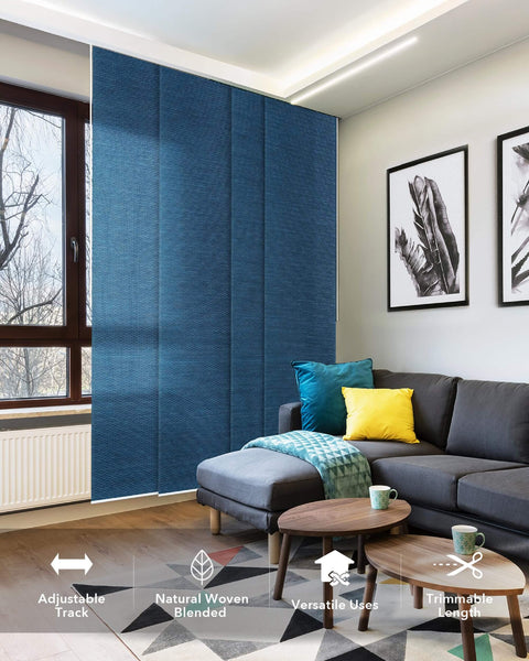 Cordless 4 Rail Sliding Panel Track Blinds For Doors And Windows, Adjustable From 45.8 To 86 Inches Wide And 96 Inches Tall installed