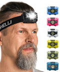 Man wearing Ultra Light USB C Rechargeable LED Headlamp Built For Trail Running And Camping 180 Lumen White Beam
