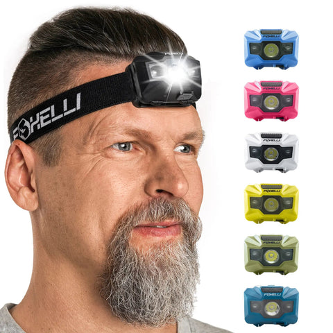 Man wearing Ultra Light USB C Rechargeable LED Headlamp Built For Trail Running And Camping 180 Lumen White Beam