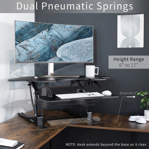 43 Inch Corner Height Adjustable Desk Converter For Sit To Stand Workstation With Dual Monitor Riser, tabletop view
