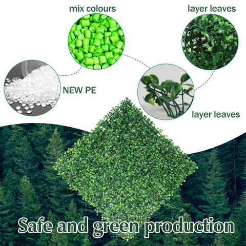 24 Pack 20x20 Inches Artificial Boxwood Panels For Privacy Hedge Screen Outdoor Indoor Garden Fence Backyard Decor UV Protected Realistic Dense Leaves No See Through Privacy Solution showing materials and lush green appearance.