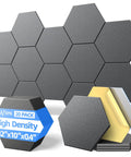 Twenty Pack Hexagon Soundproof Foam Wall Panels With Quick Peel Self Stick Backing High Density Noise Knockout Acoustic Tiles For Home Studio Decor Super Sleek Black Finish displayed with adhesive backing.