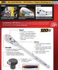 Quarter Inch Drive 120XP Teardrop Ratchet With Low Profile Head And Flush Mounted On Off Switch, 5 Inch Length, tool features