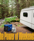Dual Fuel 5000 Peak Watt Inverter Generator With Remote Start Gas Or Propane Powered RV Ready 30A Outlet in forested campsite next to RV.
