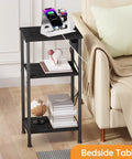 Tall Nightstand With Charging Station And Outlets, 3 Tier Narrow End Table With Ample Storage, USB Ports, Black Finish