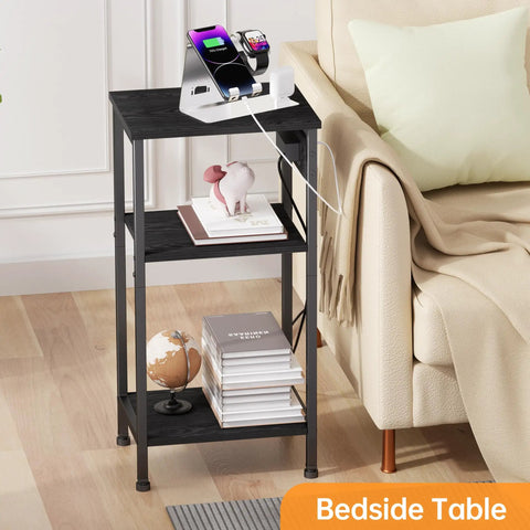 Tall Nightstand With Charging Station And Outlets, 3 Tier Narrow End Table With Ample Storage, USB Ports, Black Finish