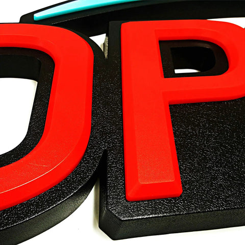 Close-up of 32 Inch By 17 Inch LED Open Sign With Remote Control Ultra Bright Red And Blue Display Dynamic Light Modes High Visibility