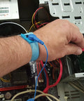 Person wearing ESD Anti Static Wrist Strap With Removable Cable For All Wrists 6 Foot Cord Adjustable Washable Wristband