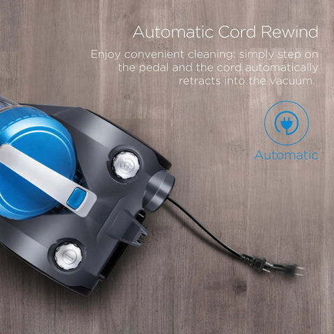 Side view of blue and gray bagless canister vacuum cleaner with power cord.