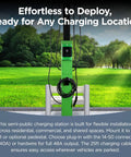 Green Level 2 Commercial EV Charger With 11.5kW Hardwired Or 9.6kW Plug-In, 25 ft Cable, J1772 Connector in outdoor setting