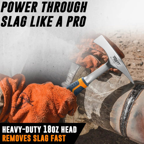 Person using 14oz Forged Steel Welding Chipping Hammer For Pros With Dual Ended Pointed And Flat Ends Heavy Duty Slag Removal Tool for post weld cleanup.