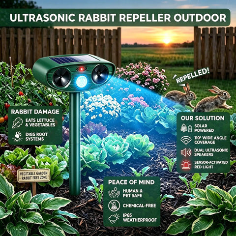 2 Pack Ultrasonic Deer Repellent With Motion Sensor For Garden And Yard, Motion Activated Animal Deterrent For Plants, Rabbits, Squirrels, Raccoons, Skunks, And Cats, Safe For Pets And Landscaping, solar stake