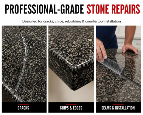 Epoxy Countertop Repair Kit For Granite Marble Porcelain Quartz And Tile Chips Cracks Rebuild Missing Pieces Dry In 29 Minutes Tintable With EZ Tint No Brainer DIY Fix All In One Permanent Repair showing repaired cracks, chips, and installation