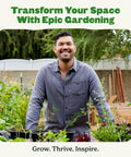 Gardener with plants and wooden boxes in a garden setting