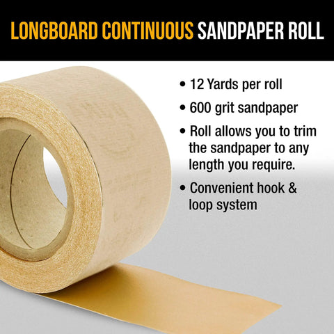 600 Grit Gold Longboard Sandpaper Roll With Hook And Loop Backing Two And Three Quarters Inches Wide Twelve Yards Long