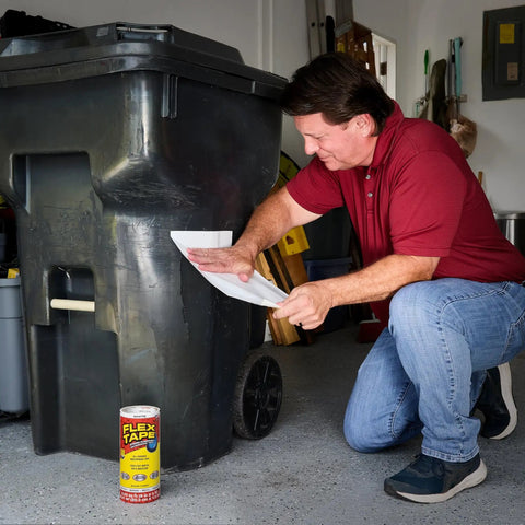 Man applying heavy duty rubberized waterproof tape that seals leaks and patches it all for indoor and outdoor use white 8 inch by 5 foot pack of 2 tough as nails patch job for home RV roofs plumbing and pool repairs to a garbage bin.