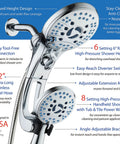 Ultra High Pressure Shower Head Combo With Handheld And Rain Modes, 50 Settings, 3 Way Diverter, Adjustable Arm, Anti Clog Nozzles, 6 Ft Hose, All Chrome Finish, Perfect For Tub Cleaning And Pet Baths with visible 6 setting rain and handheld showers, adjustable extension arm, and stainless steel hose on white background