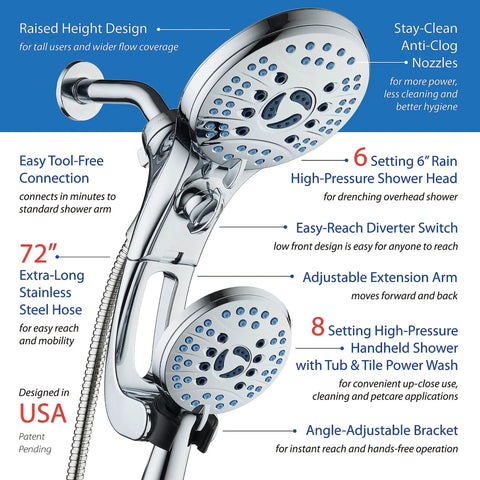 Ultra High Pressure Shower Head Combo With Handheld And Rain Modes, 50 Settings, 3 Way Diverter, Adjustable Arm, Anti Clog Nozzles, 6 Ft Hose, All Chrome Finish, Perfect For Tub Cleaning And Pet Baths with visible 6 setting rain and handheld showers, adjustable extension arm, and stainless steel hose on white background