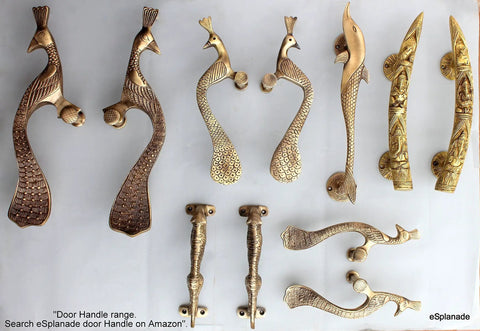 Assorted brass door handles including Peacock Shaped Brass Door Handle Pair 2-Piece Set, embossed and carved designs visible.