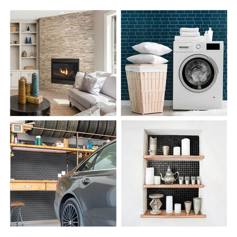 Living room with fireplace, laundry room, garage, and shelf showcasing X Large Peel And Stick Backsplash Tiles 5 Sheets 3D Adhesive.