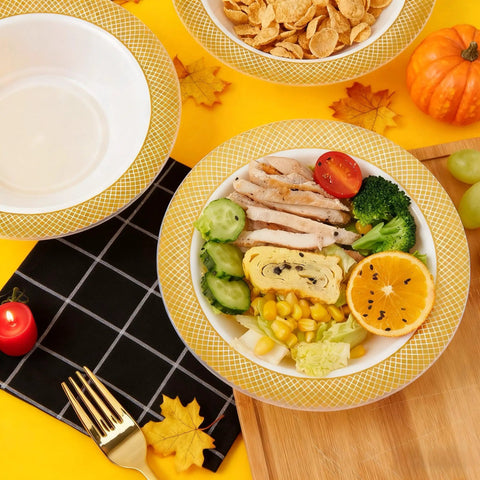 Sturdy Reusable Plastic Bowls With Gleaming Gold Grid Rim, 12 Ounce White Bowls Perfect For Gameday Grills And Big Group Feasts, Bpa Free Food Grade Durable Bulk 100 Pack filled with colorful food.