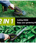 Tough As Nails 21 Volt Cordless Hedge Trimmer And Grass Shears, Quick Flip Blades, Twin Rechargeable Batteries, No Fuss Garden Pruning Kit For Lawns Shrubs And Backyard Yardwork, Black with grass and shrub cutting in action.