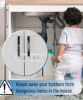Child near cabinet with Eight Pack Adjustable U Shaped Cabinet Locks For Baby Proofing And Kid Safe Home Easy Install