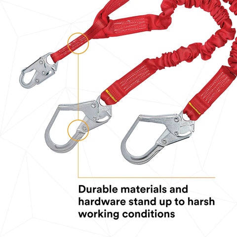 Stretch Shock Absorbing Lanyard For Work Sites 6 Ft Double Leg Elastic Safety Lanyard with durable steel rebar hook ends