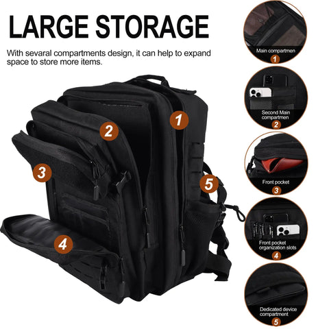 Rugged 45 Liter Tactical Military Backpack With MOLLE System, Black, showcasing multiple compartments for organized storage.