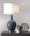 Tucson 28 Inch Ceramic Table Lamp With Linen Shade For Living Room, Bedroom Or Entryway On Off Switch on dark table