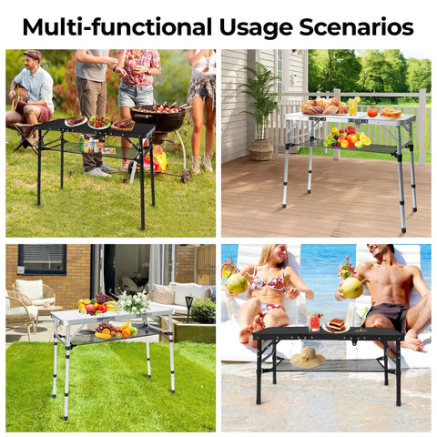 Foldable Camping Table With Storage Net Aluminum Portable Table With Three Height Settings at outdoor picnic and patio