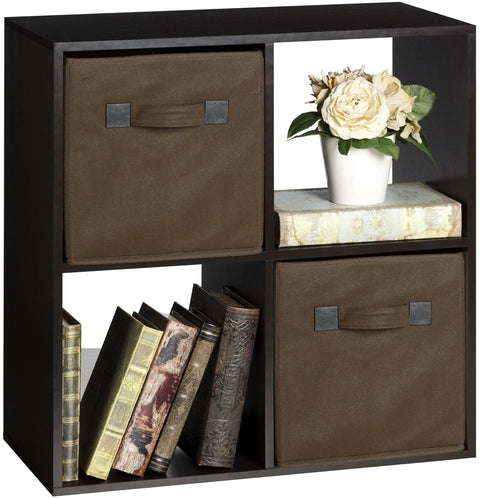 Espresso 4 Cube Organizer Desk With Built In USB Charging Hub and dual plug charger, featuring fabric bins and books.